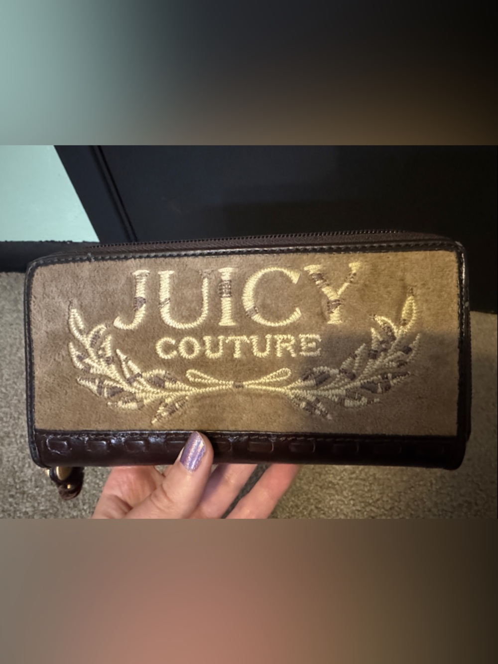 Juicy Couture Brown Velour Logo Zip Wallet with Beige Embroidery
